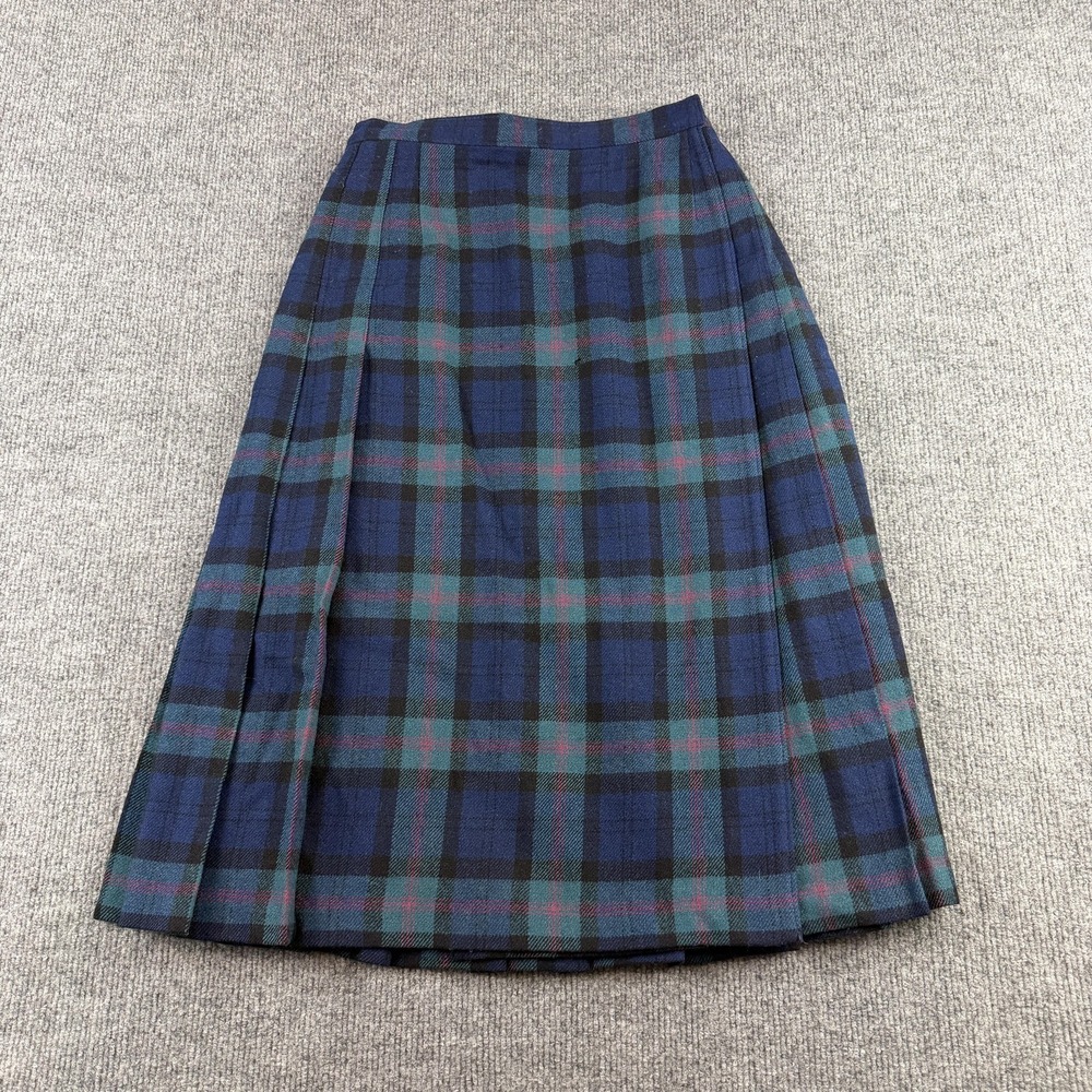 Vintage Pendleton Skirt Womens Petite 6 Blue Plaid Wool Pleated Midi Made In USA